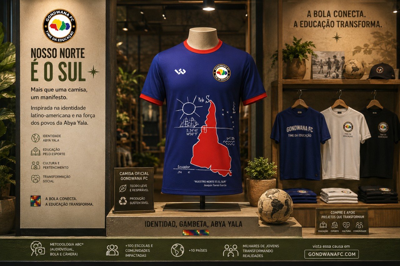 Banner da Camisa Abya Yala com a camisa pedagógica e fundamentos do Gondwana FC