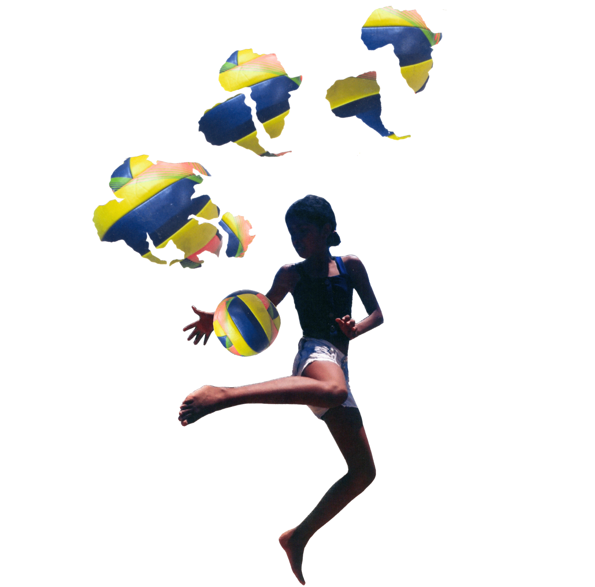 Menina jogando bola entre continentes África e América do Sul — colagem do Portal Gondwana